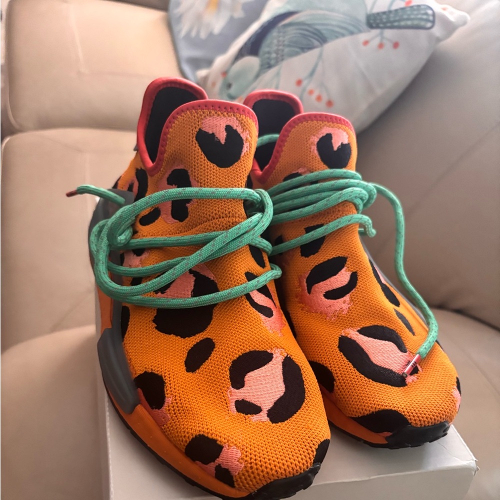 Pharrell Williams Adidas NMD Leopard Print Sneakers with Green Laces